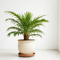 Illustration of potted cat palm  plant white flower pot Chamaedorea cataractarum isolated white background indoor plants