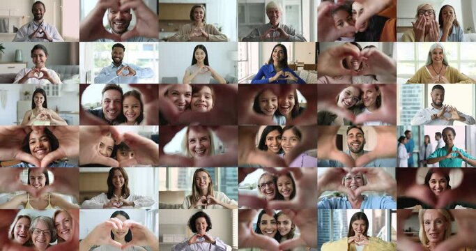 I Love You, multigenerational people, head shot of different age and race smile look at cam, join their finger showing symbol of love. Collage of smiling diverse affectionate people. Social media icon