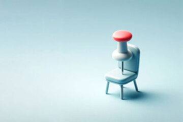 A large consignor button stuck into a chair. 3D image. Space for text.
