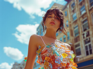 Portrait of an attractive fashion-style girl with a colorful abstract dress made with pieces of glass. Downtown background.