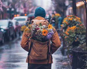 A man wearing a backpack full of different flowers as a gift for Valentine day. Trip, love, and romantic concept. - obrazy, fototapety, plakaty