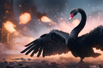 Black swan event with fiery explosion