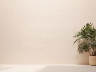 Blurred shadow from palm leaves on the light pink wall. Minimal abstract background for product presentation. Spring and summer ai image