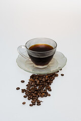 cup of coffee top view with coffee beans, with copy space