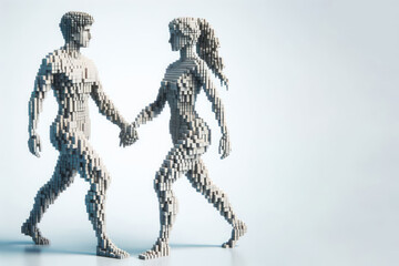 Fototapeta na wymiar A man and a woman hold each other's hand. Space for text. 3D image.
