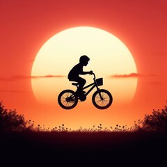 Obraz premium A little boy on a bicycle against the backdrop of the sunset.