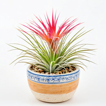 Illustration of potted Guatemala Air  plant white flower pot Tillandsia ionantha isolated white background indoor plants