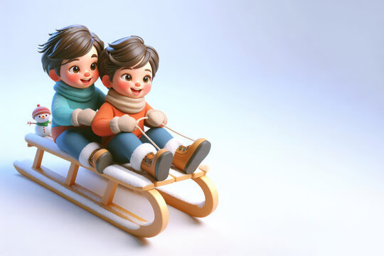 Children ride on a sled. 3D image. Place for text.