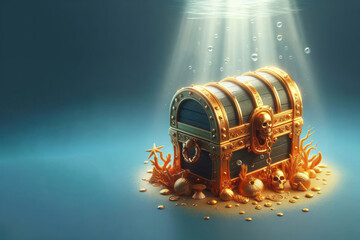Treasure chest underwater. Place for text.