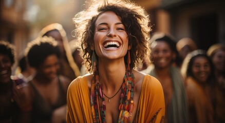 A joyful woman stands outdoors, her hair dancing in the wind, her smiling face adorned with stylish clothing, radiating a human warmth - obrazy, fototapety, plakaty