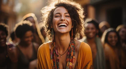 Foto op Plexiglas A joyful woman stands outdoors, her hair dancing in the wind, her smiling face adorned with stylish clothing, radiating a human warmth © familymedia