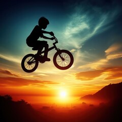 A little boy on a bicycle against the backdrop of a beautiful sunset.