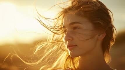 Beautiful teenage girl on the beach, the sunlight kissing her wind-swept hair. She gazes towards the horizon, creating a dreamy. Portrait of beautiful young woman with windy hair at sunset.