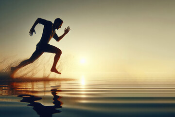 A man runs on water against the backdrop of the sunset.