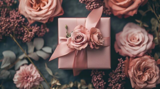 Generative AI, Valentine's Day gift box with decoration close up, muted colors, holiday photorealistic aesthetic background	
