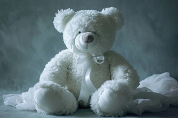Big white teddy bear adorned with a ribbon a delightful children's toy for big girls its endearing charm and timeless elegance showcased in high-definition detail