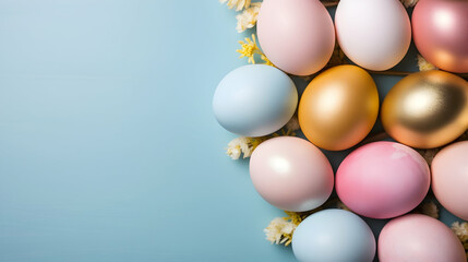 Easter eggs on a blue background with floral accents, perfect for spring greetings