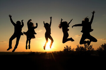 Jumping happy people against the backdrop of sunset. Success, happiness. AI generative.