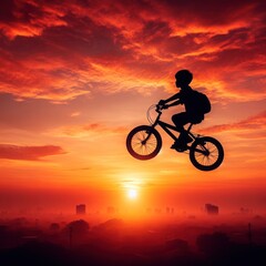 Silhouette of a little boy on a bicycle against the backdrop of the sunset.