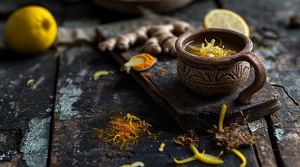 A rustic scene with a handcrafted pottery cup holding the immunity drink, ginger shavings, lemon zest,