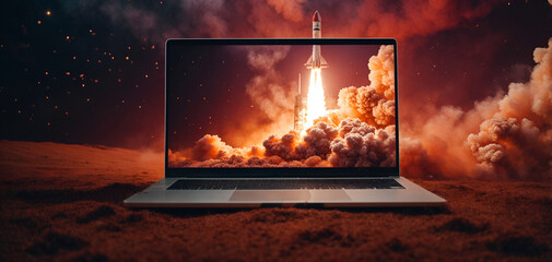 Space rocket launch and take off from laptop. Human civilization progress concept. Advance technology idea. With copy space. - obrazy, fototapety, plakaty