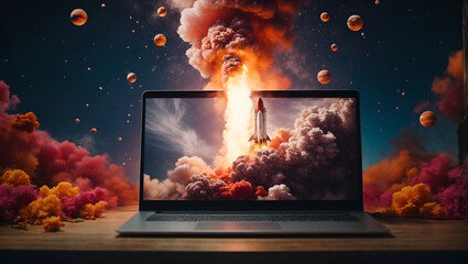 Space rocket launch and take off from laptop. Human civilization progress concept. Advance technology idea. With copy space. - obrazy, fototapety, plakaty