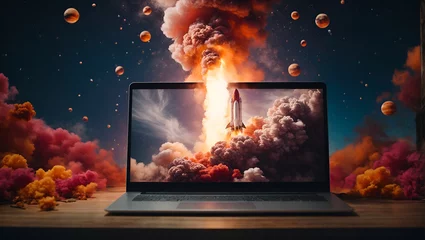 Foto op Aluminium Space rocket launch and take off from laptop. Human civilization progress concept. Advance technology idea. With copy space. © Milutinovic