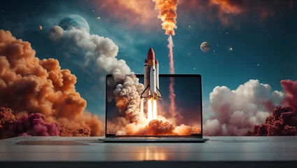 Foto op Canvas Space rocket launch and take off from laptop. Human civilization progress concept. Advance technology idea. With copy space. © Milutinovic