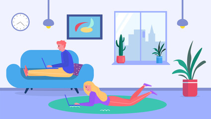 Young man and woman working on laptops in a modern living room. Freelancers at home with plants and city view. Home office and remote work vector illustration.