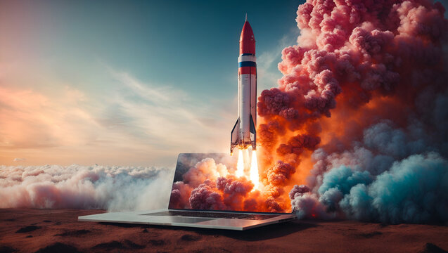 Space rocket launch and take off from laptop. Human civilization progress concept. Advance technology idea. With copy space.
