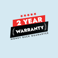 Two years Warranty. 2 years warranty stamp, badge, label in red and dark blue colour with five star and money back guarantee on light cyan background. Warranty card, stamp, label design.