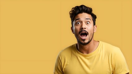 man reacting to a surprise, solid yellow background, standing, 8k, with copy space .generative AI