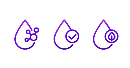 Acid drop line icons with molecule, check mark, leaf