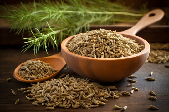Freshly harvested cumin seeds or fragrant caraway in elegant white spoon on rustic wooden board