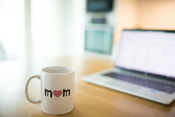 Mother's day still life with mom cup, and an open laptop in airy indoor background. Working at home mama concept. 