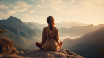 Woman meditate on a mountain top, relax clam background - obrazy, fototapety, plakaty