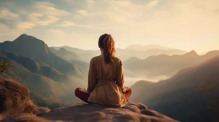 Crédence de cuisine en verre imprimé Marron profond Woman meditate on a mountain top, relax clam background