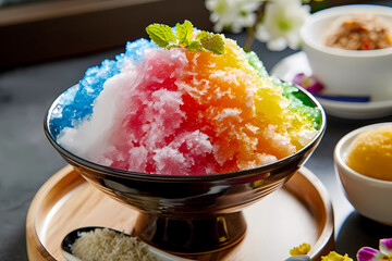 Ais kacang from Malaysia - A colorful shaved ice dessert topped with various ingredients like red beans, corn, grass jelly, and drizzled with sweet syrups and condensed milk - obrazy, fototapety, plakaty