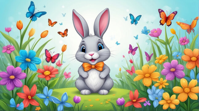bright spring picture with a rabbit and flowers, spring bright background, in the style of a children's book illustration, Easter