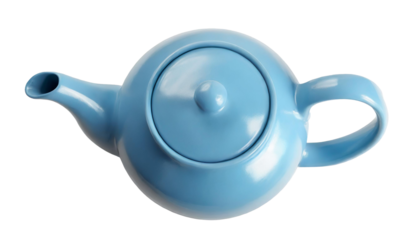 Blue ceramic teapot isolated on transparent background. top view