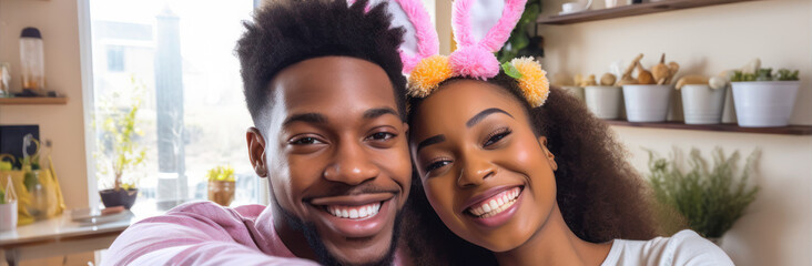 cheerful happy couple communicates via video call in Easter attire, congratulations to loved ones - obrazy, fototapety, plakaty