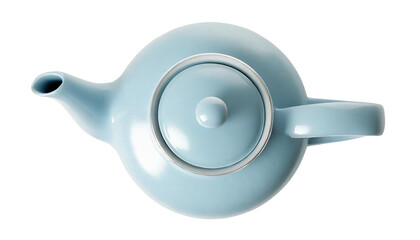 Blue ceramic teapot isolated on transparent background. top view