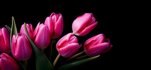 beautiful background of burgundy tulip flowers on dark background, floral spring natural background