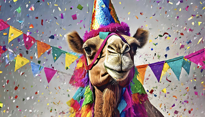 camel, cartoon, spaßig, close up, neu, Fähnchen, karte, geburtstag, tier, hintergrund, party, feier, hut, Chapeau, balloon, konfetti