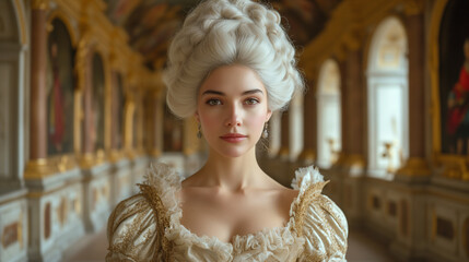 Portrait of a eighteenth century French noble woman in an ancient building hall (AI generated).