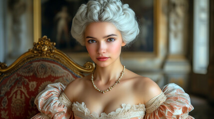 Portrait of a eighteenth century French noble woman in an ancient building hall (AI generated).