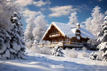 snowy log cabin in snowy mountain winter landscape, in the style of historical, landscape-focused


