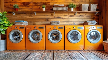 Multiple Industrial washing machines in laundry shop, washing with hot and cold water keeps clothes clean and trendy. A row of industrial washing machines in a public laundromat.