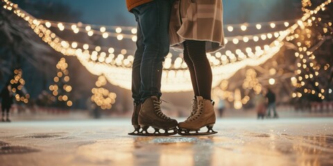 A couple in love on ice skating at the ice rink on a winter evening. Valentine's Day Concept - obrazy, fototapety, plakaty