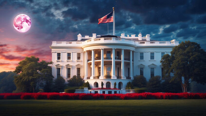 The White House in Washington with the USA flag on it